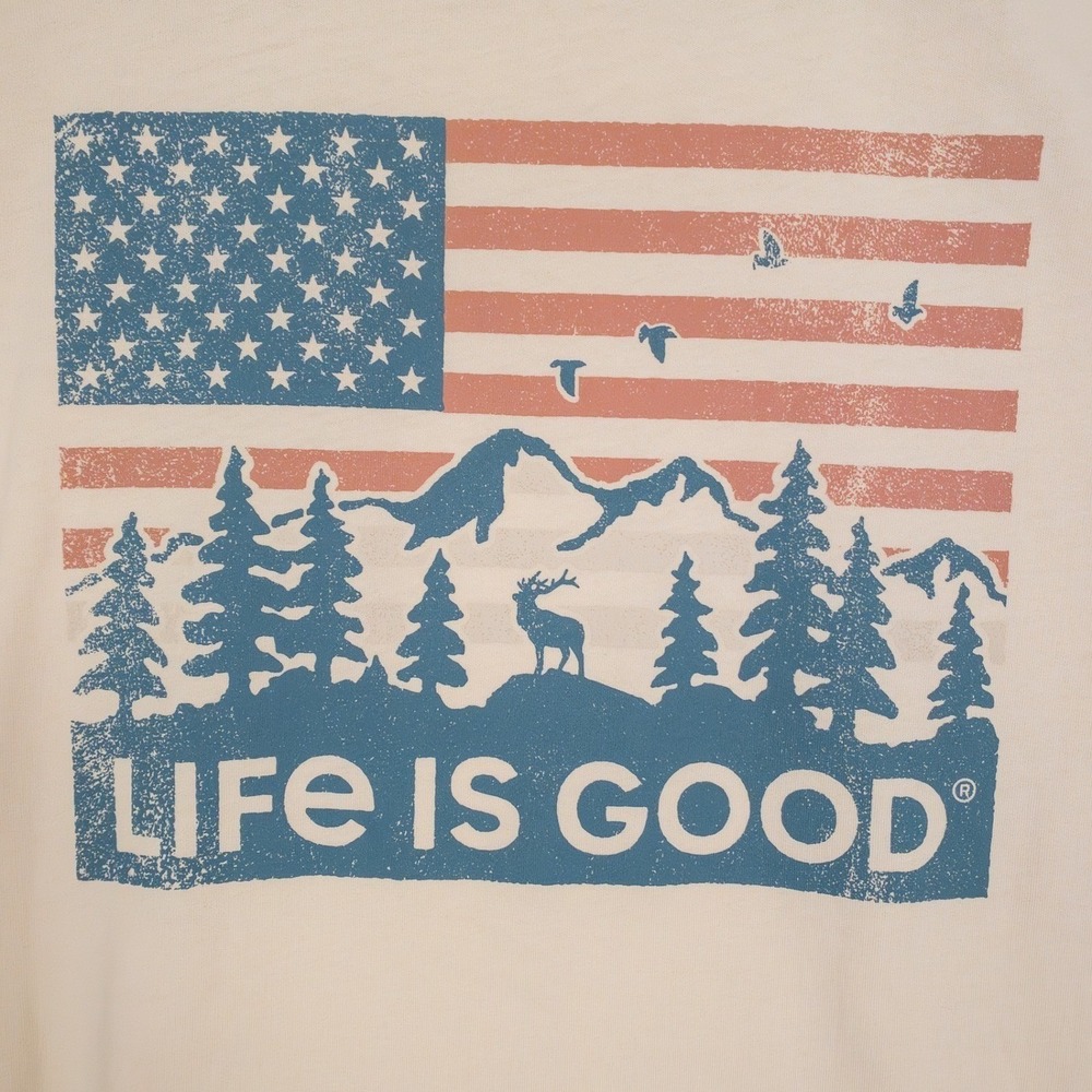 Life is Good Mens T Shirt Medium Graphic Print American Flag Mountain Deer Tee - Picture 6 of 13